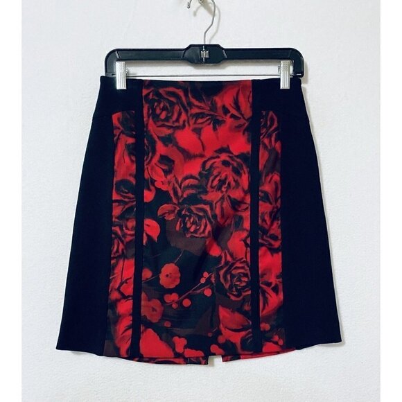 Cache Womens 6 Red Rose Print Pencil Mini Skirt Black Stretch Y2K - Picture 1 of 6